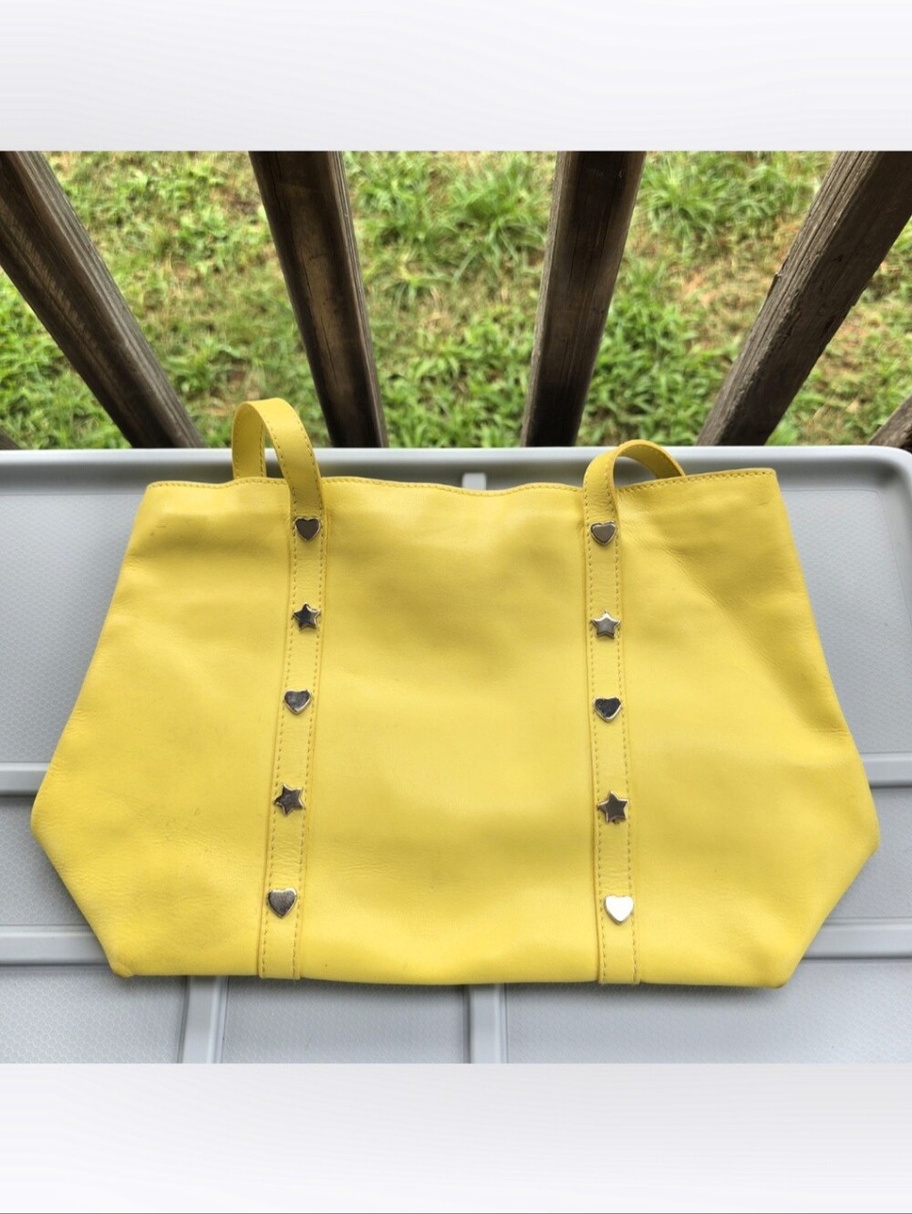 vintage Furla leather tote bag in neon yellow with heart & star rivets